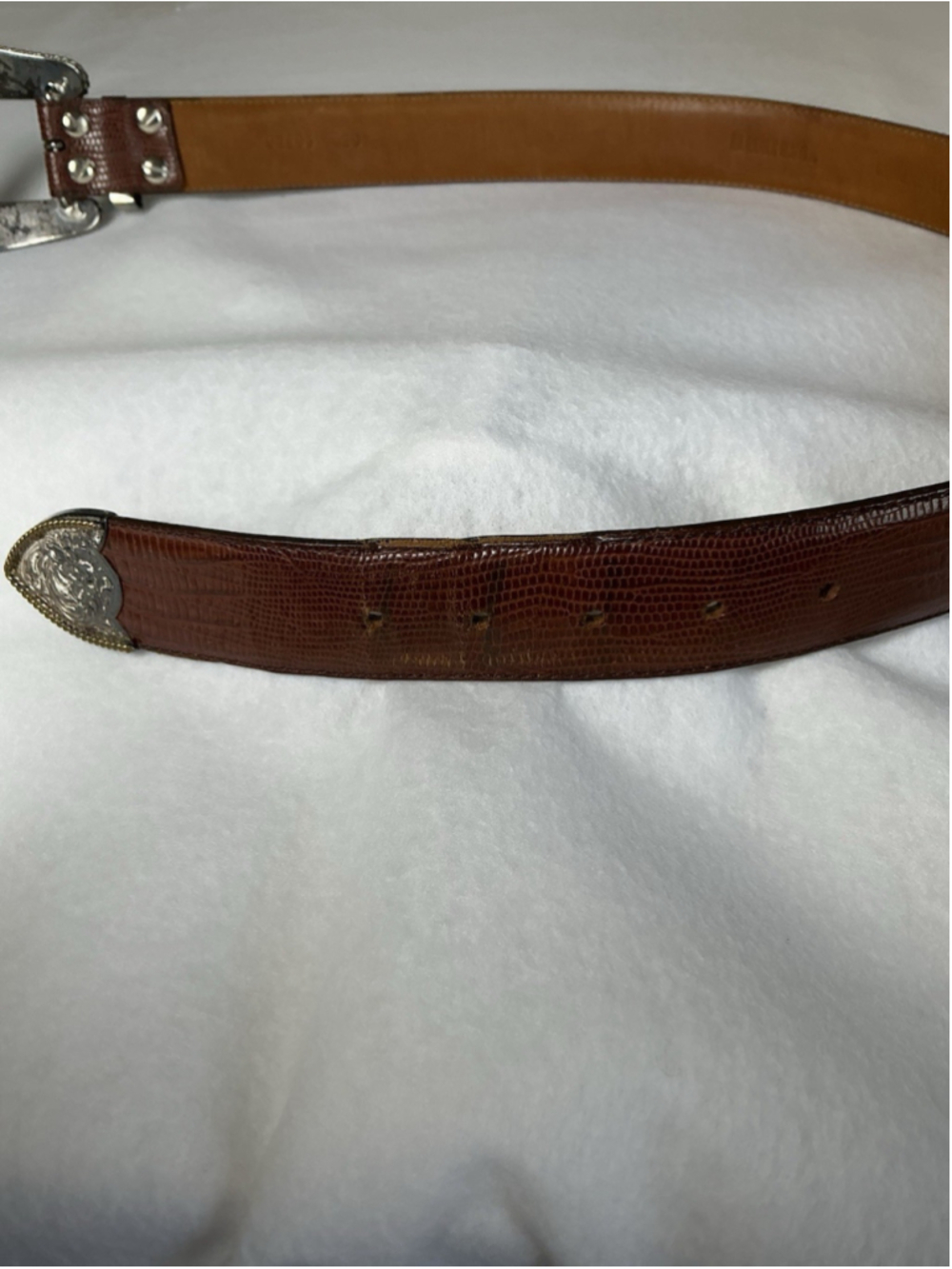 Vintage Al Beres USA Lizard Leather Belt Sz 30 Brown Western 3 Piece Tip Buckle - Picture 10 of 15